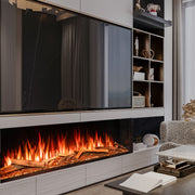 Modern living room with a built-in entertainment unit featuring a fireplace and shelves.