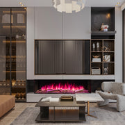 Modern living room with a built-in entertainment unit featuring a fireplace and shelves.
