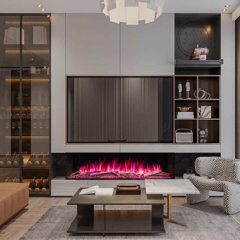 Modern living room with a built-in entertainment unit featuring a fireplace and shelves.