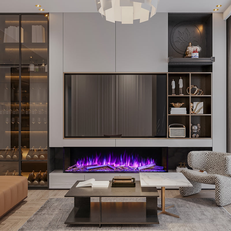 Modern living room with a built-in entertainment unit featuring a fireplace and shelves.