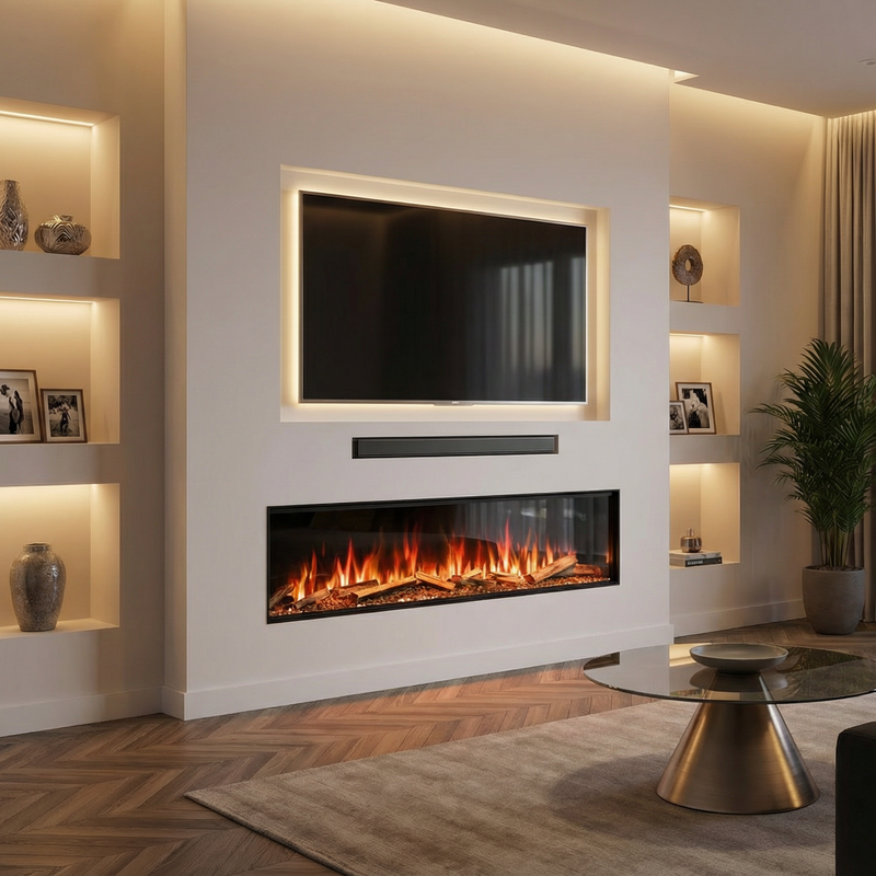 Modern media wall with tall landscape fire 