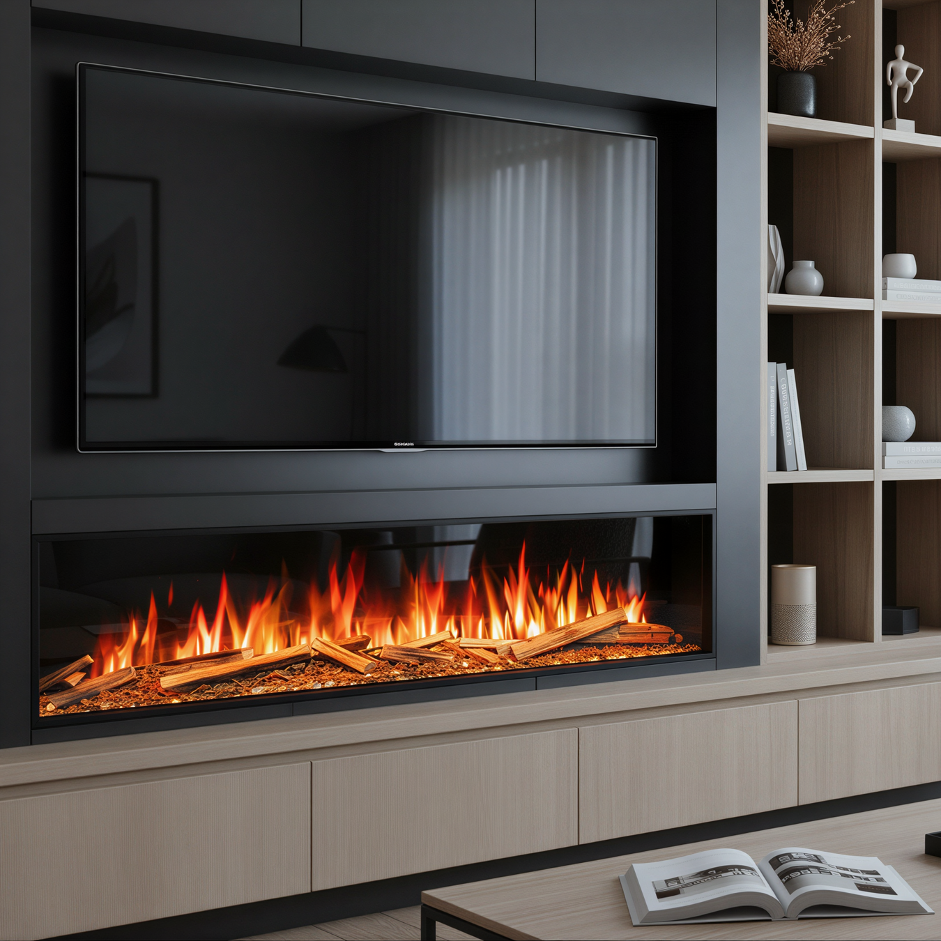 landscape electric fire in modern tv room 