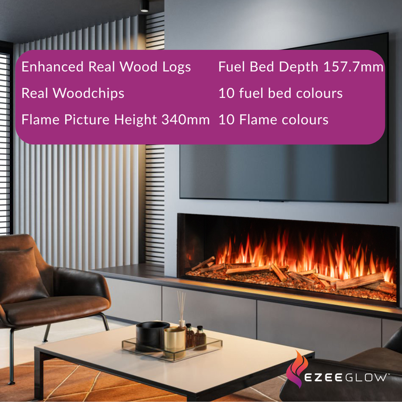 Modern living room with electric fireplace displaying EZEE GLOW product features.