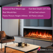 Modern living room with electric fireplace displaying EZEE GLOW product features.