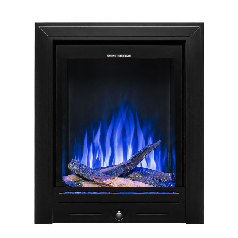 Ezee Glow Pulse Deep Inset Electric Fire With Metal Trim with blue flames and logs on white background