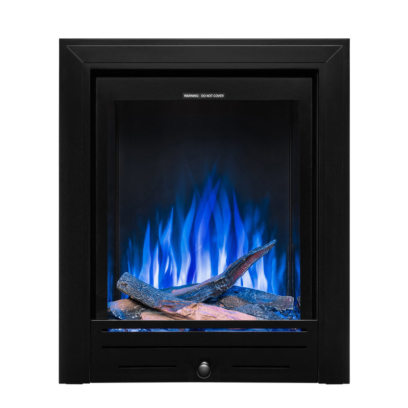 Ezee Glow Pulse Deep Inset Electric Fire With Metal Trim with blue flames and logs on white background