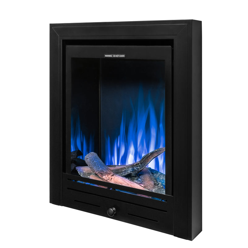 Ezee Glow Pulse Deep Inset Electric Fire With Metal Trim with blue flames and logs on white background side ways