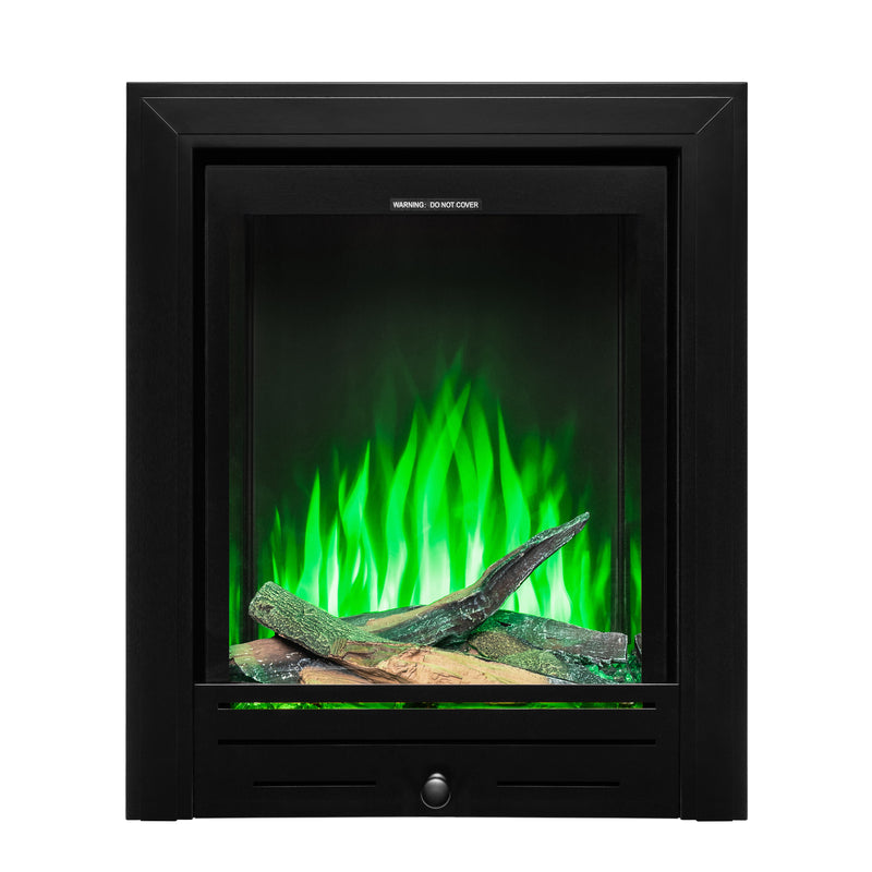 Ezee Glow Pulse Deep Inset Electric Fire With Metal Trim with green flames and logs on white background