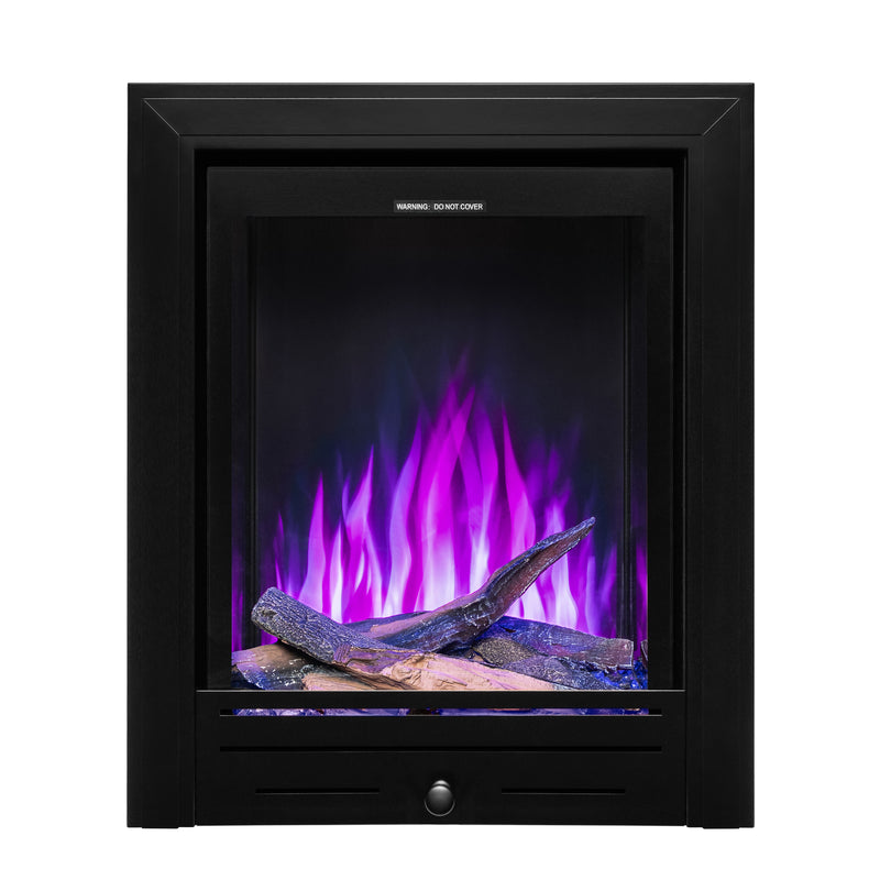Ezee Glow Pulse Deep Inset Electric Fire With Metal Trim with purple flames and logs on white background