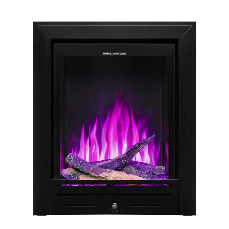 Ezee Glow Pulse Deep Inset Electric Fire With Metal Trim with pink flames and logs on white background