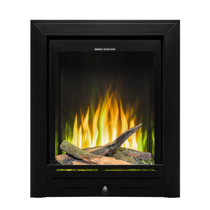Ezee Glow Pulse Deep Inset Electric Fire With Metal Trim with yellow/green flames and logs on white background