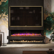 A modern wall-mounted electric fireplace with a black frame and gold trim, set in a styled living room with a TV mounted above it, a side table, and a potted plant.