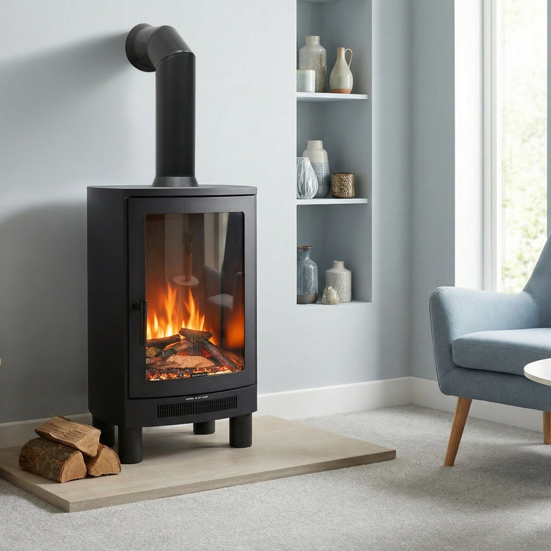 Wood-burning stove in a modern living room with a blue armchair and a small table with a plant.