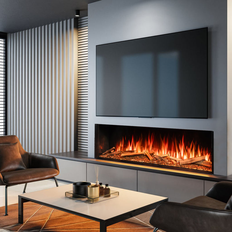 Modern living room with a landscape  built in electric fireplace and wall mounted television