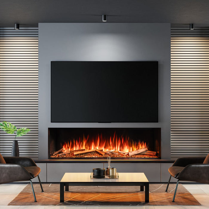 Modern living room with media wall electric fireplace and flat-screen TV.