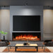 Modern living room with media wall electric fireplace and flat-screen TV.