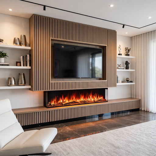 modern living room with pannelled media wall with electric landscape fire 