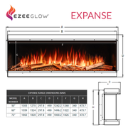 Electric fireplace with dimensions and specifications labeled, featuring the Ezee Glow brand.