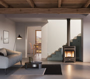 Black Freestanding Pellet Stove in living room 