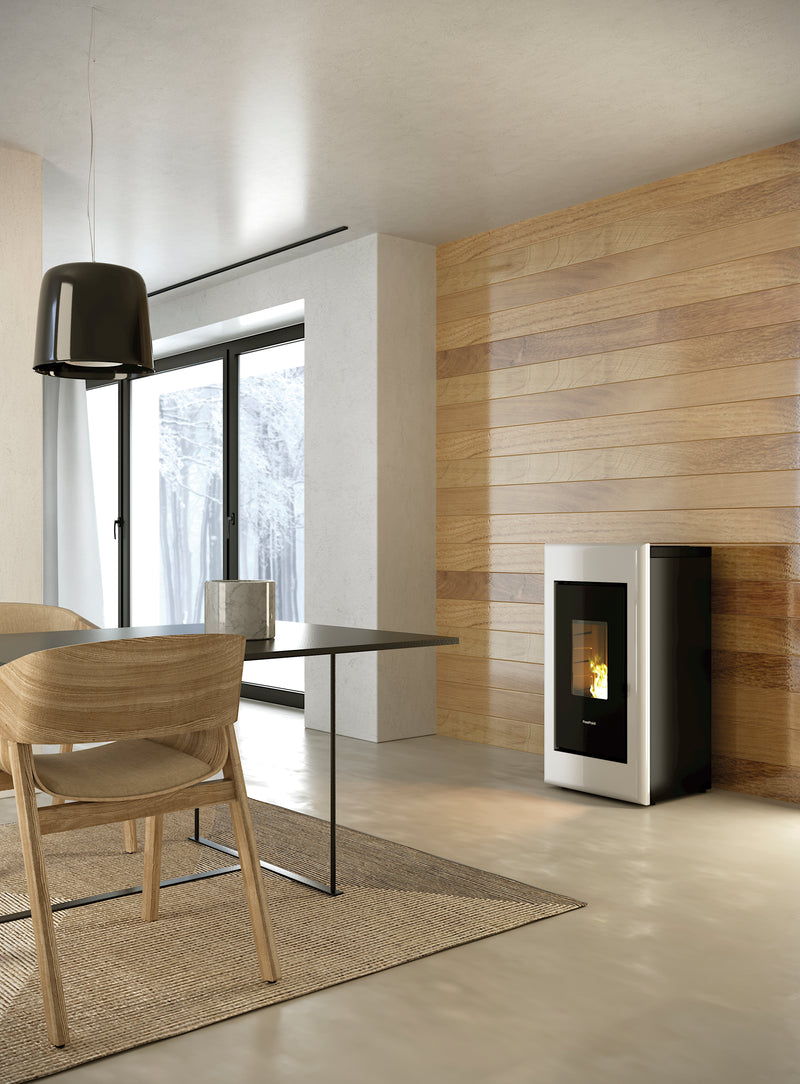 White Freestanding Pellet Stove in kitchen