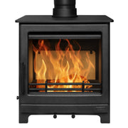 Black freestanding stove with flames inside on a white background