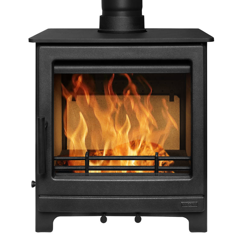 Black freestanding stove with flames inside on a white background