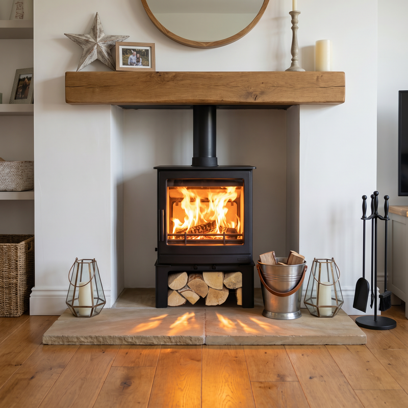 Mazona Ripley 8kW Multifuel Woodburning Stove Black Edition, With Log Store, Freestanding, Eco Design, Defra Approved