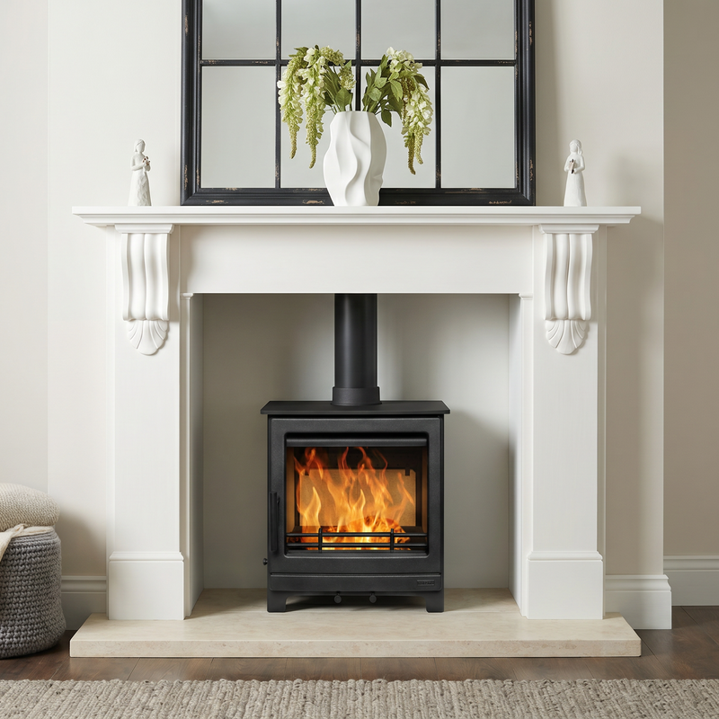 White fireplace with a lit Mazona Woodburning Stove, decorative mirror above, and a small table with a blanket and vase to the left.