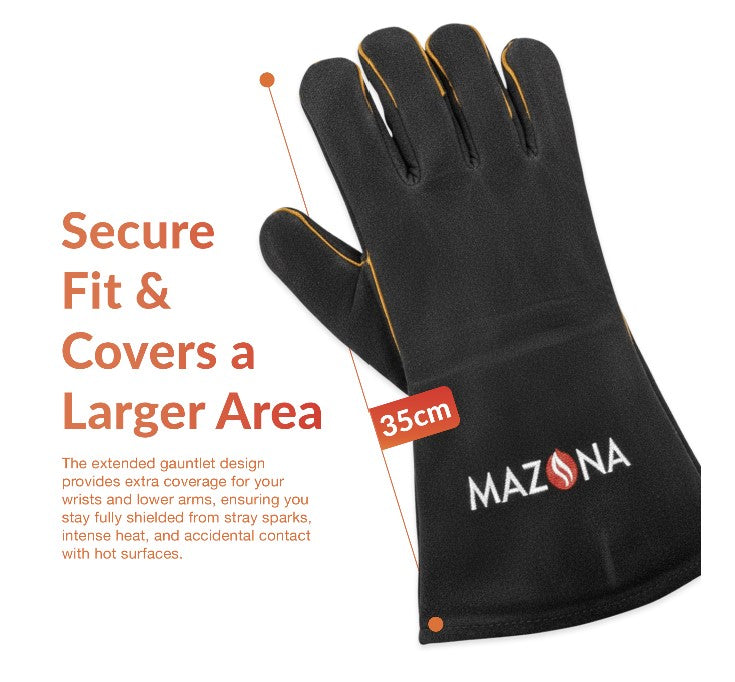 Black glove with text highlighting secure fit and coverage area, featuring the Mazona brand.