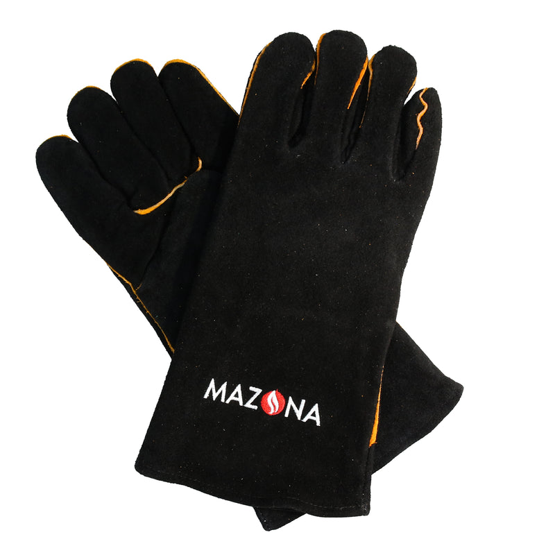 A pair of black heat resistant gloves with the Mazona brand logo visible on the back.