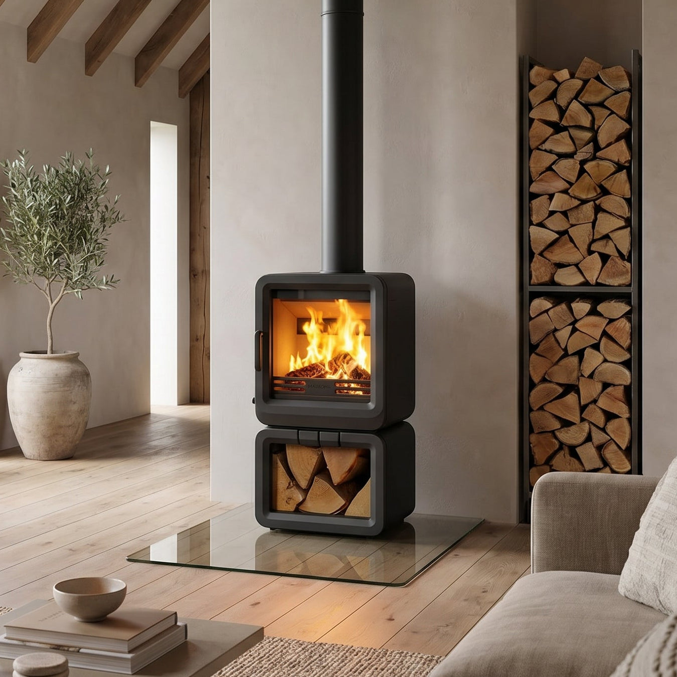 Contemporary Log Store Stove in open plan living room 