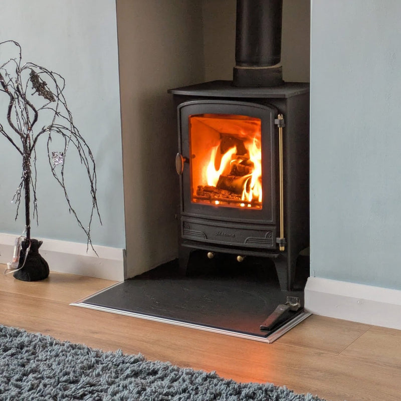 Wood stove with flames inside, placed against a light blue wall with a decorative plant on the left.