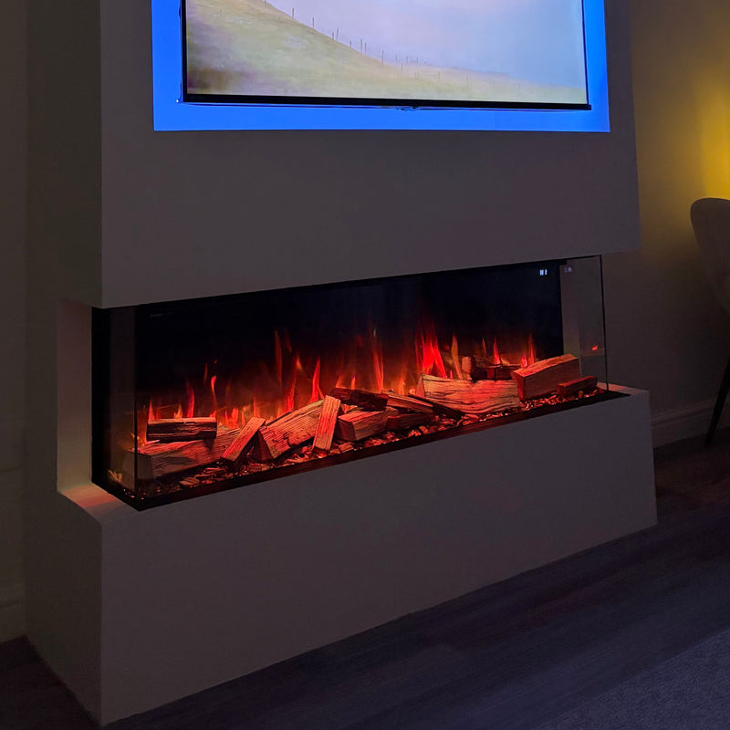 Modern electric fireplace with a mounted TV displaying a scenic image.