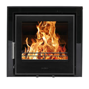 A black Mazona Clovelly 550 6kW 3 sided trim stove with visible flames through the glass door.