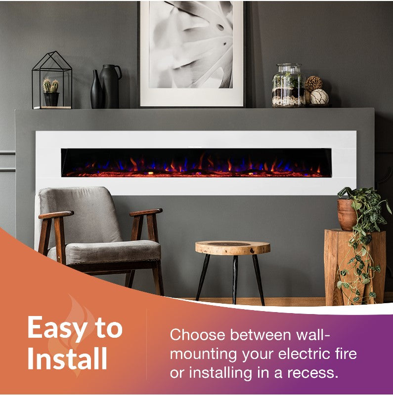 Ezee Glow Grand Zara 60" White Wall Mounted or Recessed / Built In Electric Fire