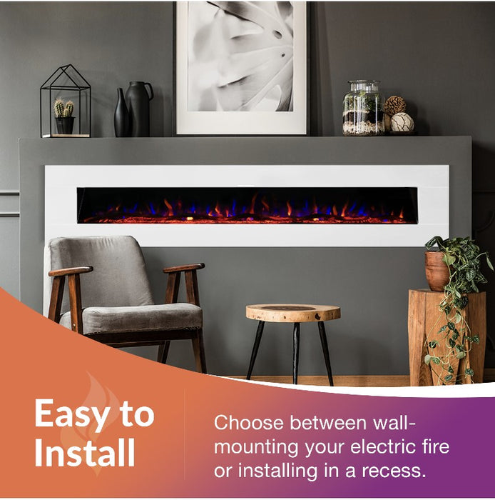 Ezee Glow XL Zara 72" White Wall Mounted or Recessed / Built In Electric Fire