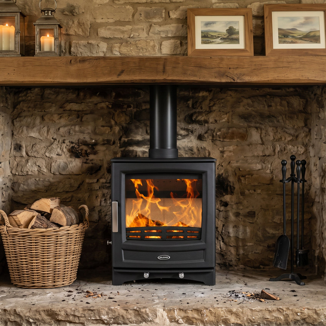 Modern stive in traditional cottage setting with wood beam 