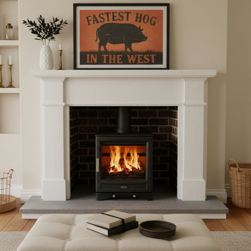 Modern stove in marble fireplace 
