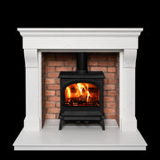 black Multifuel Woodburning Stove against brick wall 