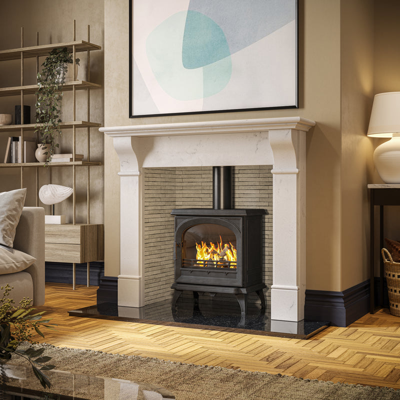 black Multifuel Woodburning Stove in living room 