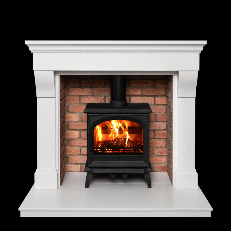 black Multifuel Woodburning Stove against brick wall 
