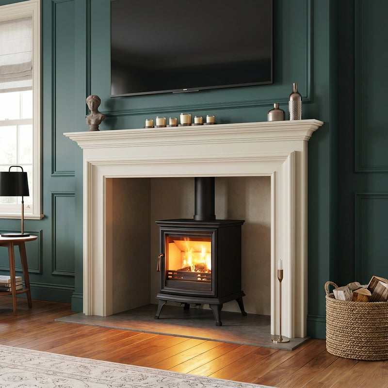 Living room with a fireplace, television, and decorative items.