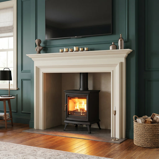 Living room with a fireplace, television, and decorative items.
