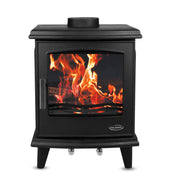 Black freestanding stove with flames inside