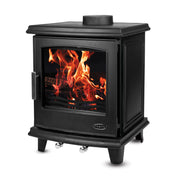 Black freestanding stove with flames inside