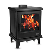 Black freestanding stove with flames inside