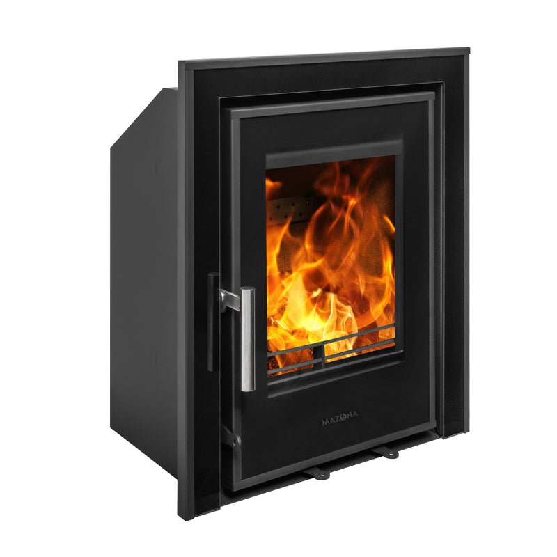 Mazona Clovelly 400 5kW 3 Sided Glass Trim Stove, Multifuel, Woodburning, Cassette, Inset, Eco Design Approved, Defra Approved on white background side view