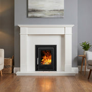 Living room with a white fireplace , Mazona Cassette Stove, grey walls, and wooden floor.