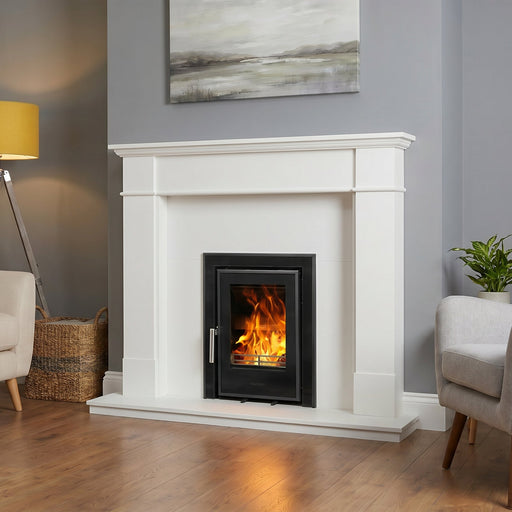 White fireplace in modern living room with Mazona cassette stove 