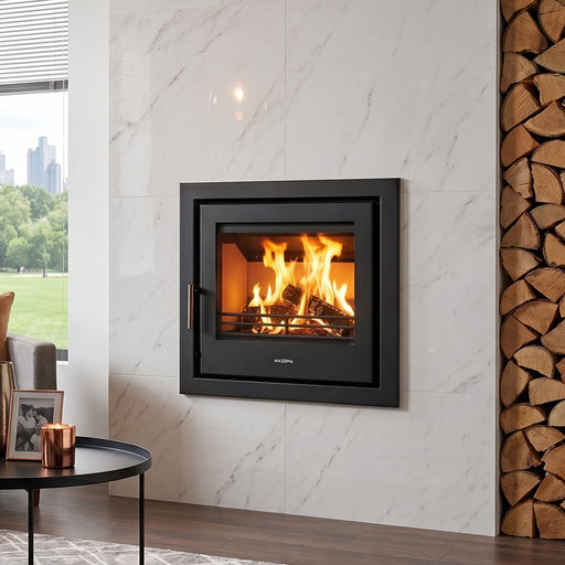 Modern living room with a fireplace, sofa, and decorative elements.